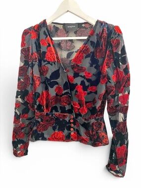 The Kooples Paris Velvet Burnout Floral Blouse Red Navy Devore Puff Sleeve